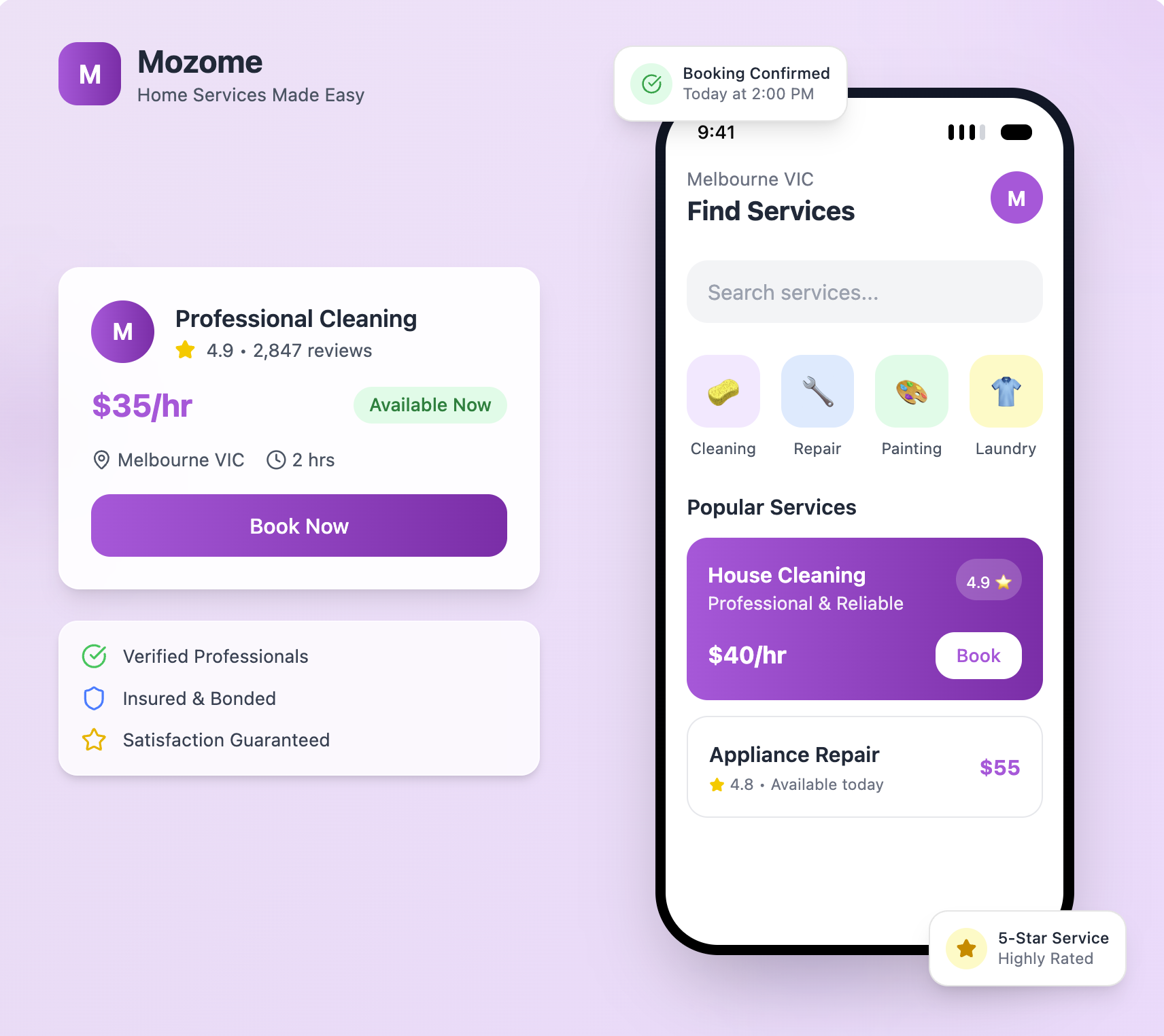 Mozome Customer App Interface - Mobile app showing service booking interface